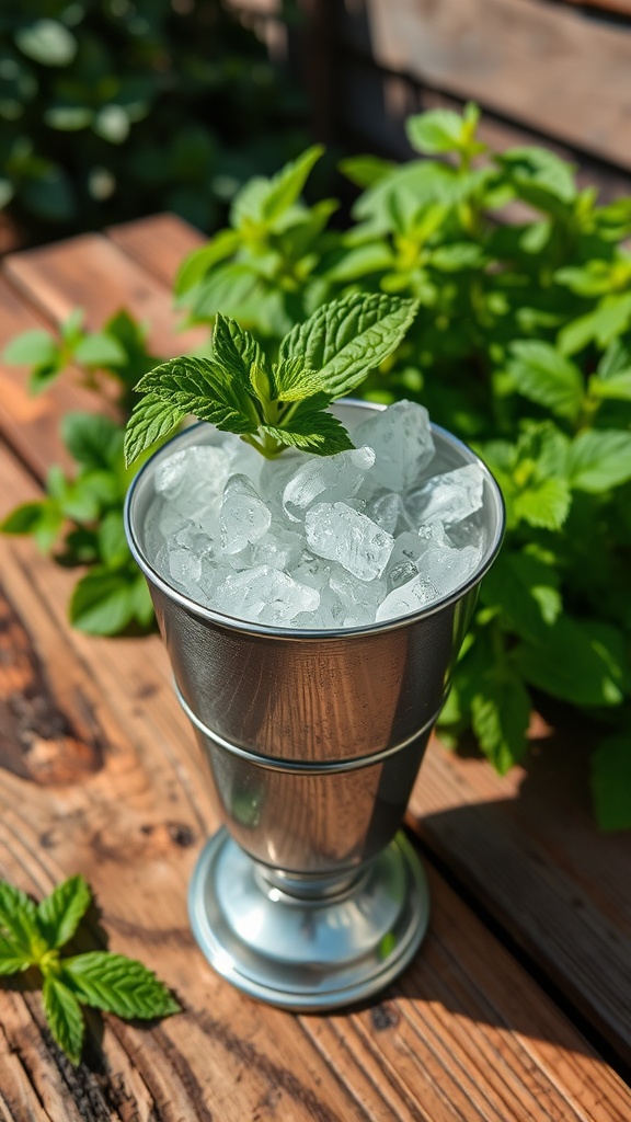 A Mint Julep cocktail in a silver cup, garnished with mint leaves, sitting on a rustic table with a summer background.